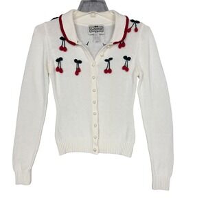 Collectif London Cardigan Women 4 XS Cream Cherry Pom Pom Vintage‎ Inspired